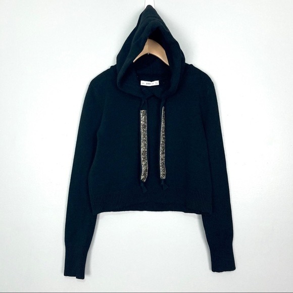 ZARA Black Knit slip on Hoodie Sweater with sparkle drawstring Size L - Picture 4 of 5